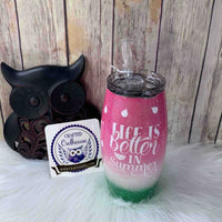 25 oz. Pink White Green Glitter Watermelon Barrel Tumbler - Life is Better in Summer