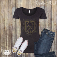 VGK Rhinestone Black Shirt Golden Knights Logo in Gold Rhinestones Scoop Women Ladies Shirt