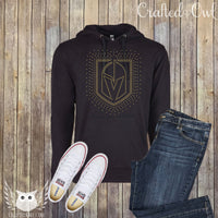 VGK Rhinestone Black Lightweight Hooded Pullover with Black Hood, Golden Knights Logo in Gold Rhinestones Hoodie