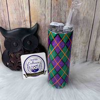 20 oz. Purple Green Glitter with Black Orange Argyle Skinny Tumbler