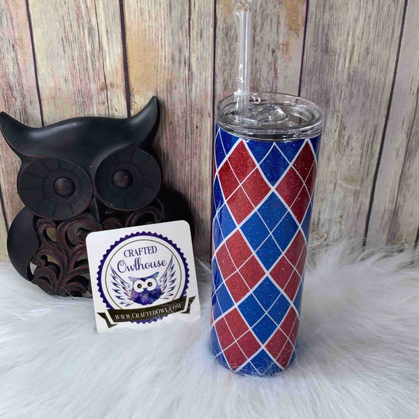 20 oz. Red Blue Glitter with White Accent Skinny Tumbler