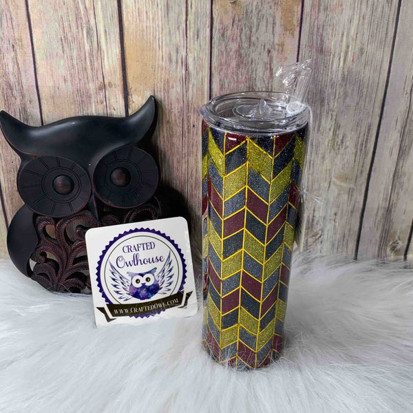 20 oz. Gold Red Gray Black Holographic Tangram Glitter Skinny Tumbler