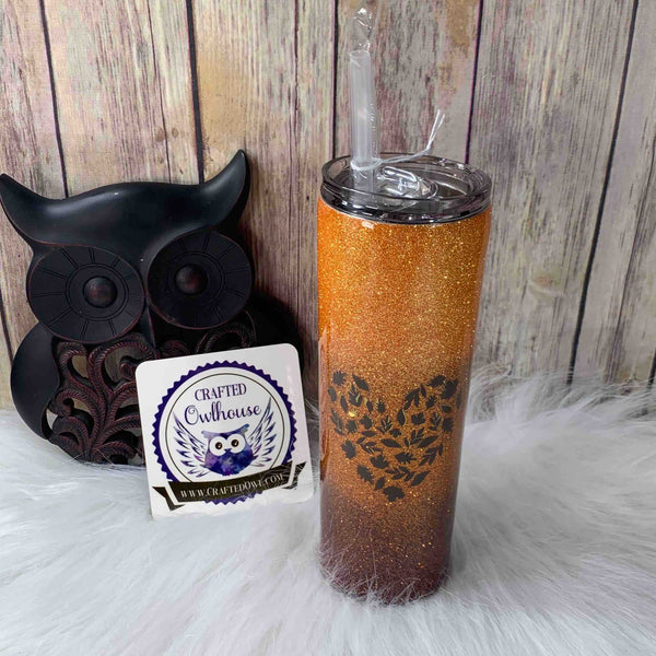 20 oz. Brown Orange Fall Leaves Heart Glitter Skinny Tumbler