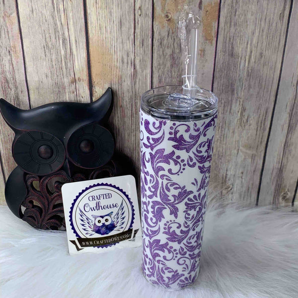 20 oz. Purple Glitter White Floral Skinny Tumbler